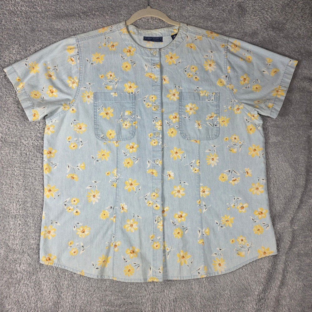 Karen Scott II Floral Shirt Womens 1X Blue Yellow Cotton Cottagecore Blouse